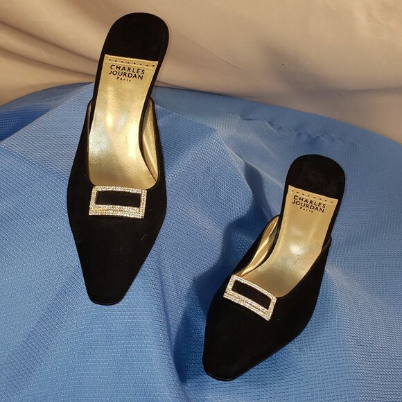 Charles Jourdan Black Suede Mules with Jeweled Accent Size 10B - Picture 1 of 8